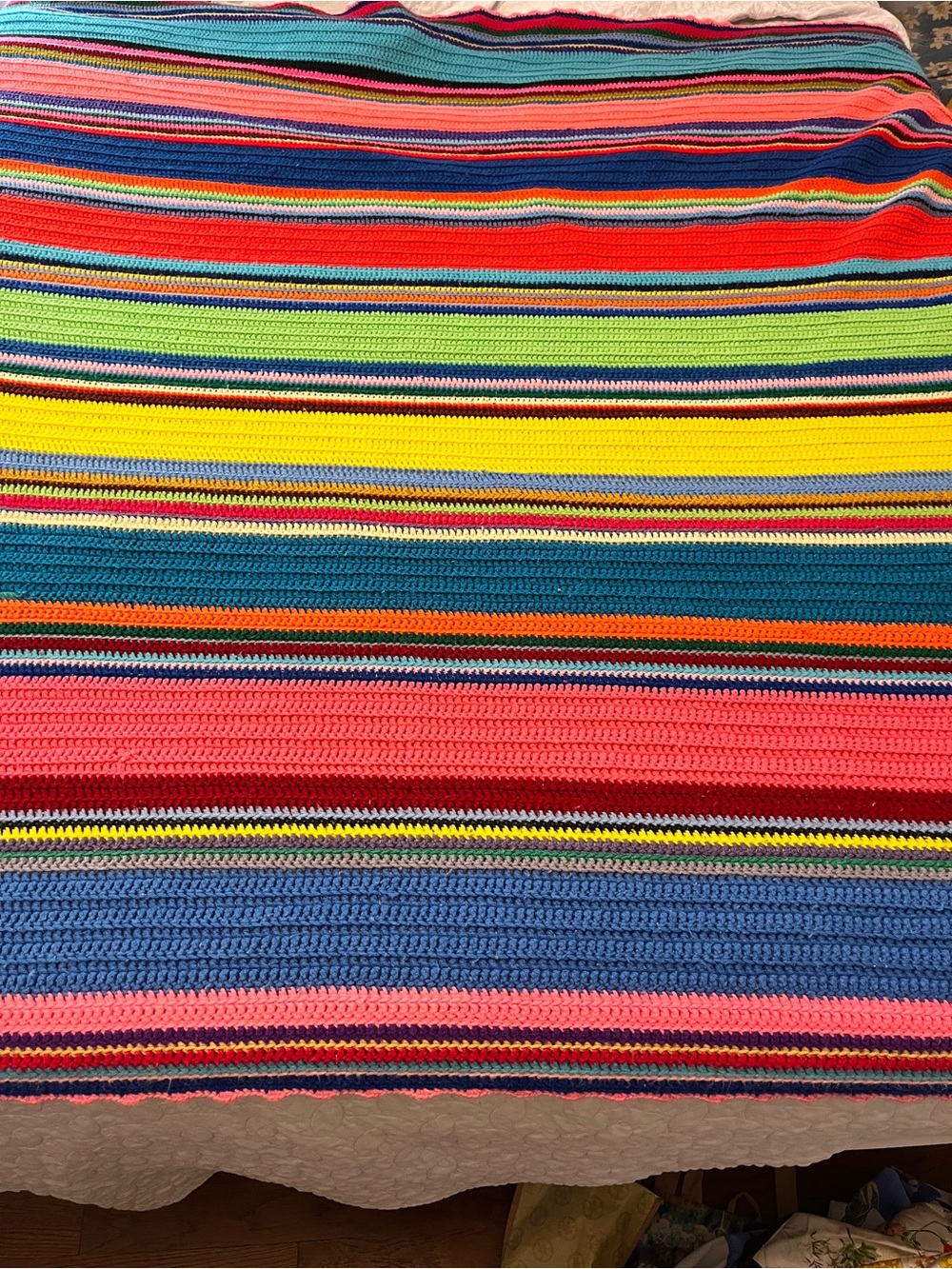 Handmade Crochet Striped Afghan Blanket Multicolor Groovy Rainbow 70x78 Throw